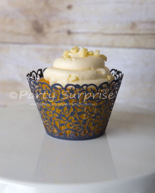 Cupcake Wrappers Black Lace Filigree Weddings Showers Birthday Party Gala Dessert Elegant Cupcake Wrappers