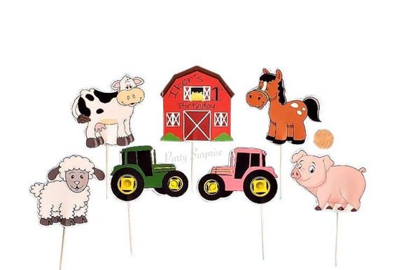 Farm Party Cupcake Toppers Barn Cow Pig Pink Tractor Green Tractor Custom Made Personalize Farm Barn Party Birthday Animal Party Toppers Il_570xn