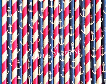 Girl Anchor Straws Nautical Party Straws Blue Anchors Pink Stripe Straws Girl Party Baby Shower Straws Paper Straws Girl Nautical Birthday