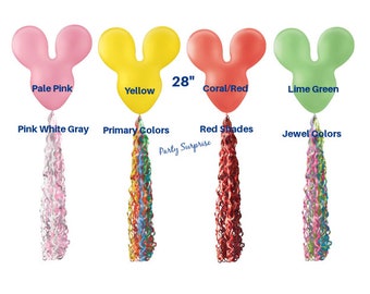 Mouse Ear Balloons 28" Latex with Colorful Choice of Ear Balloons and Twirlz/Tail Pkg 9 Colors Ears Balloons, Choice of Twirlz Colors