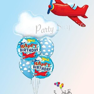 Happy Birthday Cloud and Plane Balloon Package Jumbo Cloud, Red Airplane balloons, Birthday Flying Clouds Plane Balloons Mylar & Latex