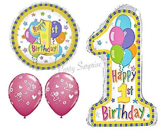 1st Birthday Balloons Girl Pastel Mylar Foil Jumbo Number 1 Balloon Package Pink 1st Birthday Girl Party Balloons Select Your Package