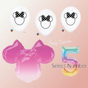 Minnie Mouse balloon package. Select your rainbow number. Clear Minnie latex. Jumbo Minnie mylar foil. Made in the USA.  Select your package.