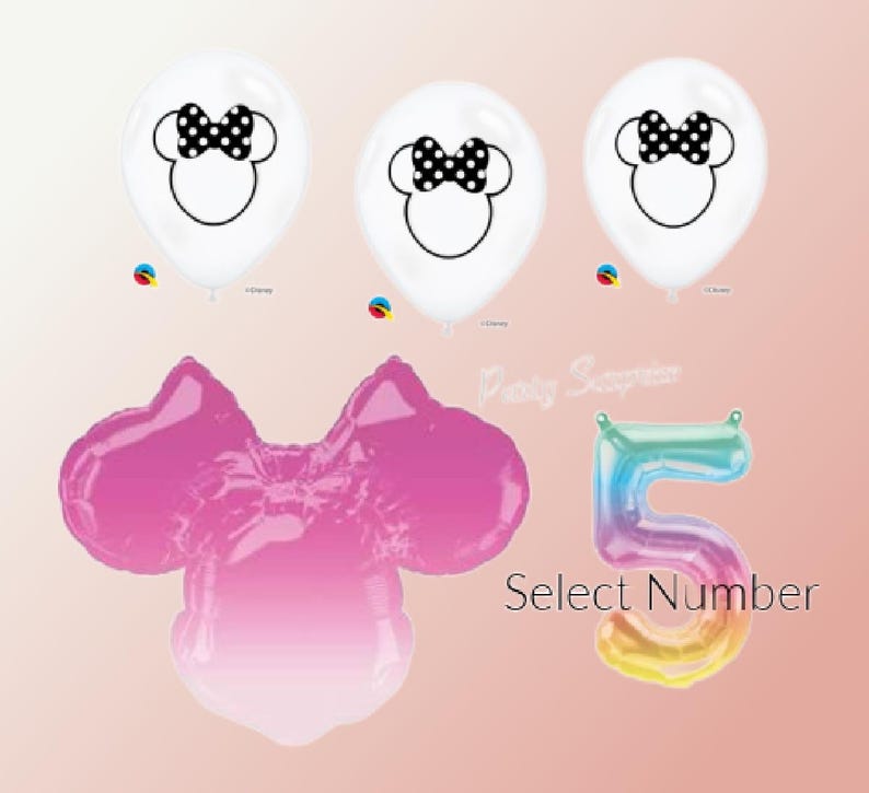 Minnie Mouse balloon package. Select your rainbow number. Clear Minnie latex. Jumbo Minnie mylar foil. Made in the USA.  Select your package.