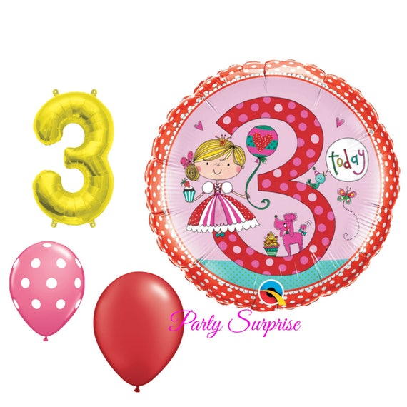 3rd Birthday Balloons Girl Princess Party Ballerina 3 year old Girl Birthday Pink Red Gold Mylar Foil Latex Balloons Girl 3rd Birthday Il_570xn