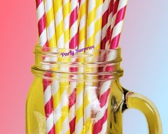 Pink and Yellow Striped Party Straws, Tropical Summer Birthday