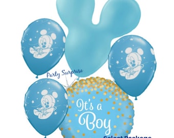 Baby Mickey Mouse Balloon Pkg with Blue Mouse Ears 28", Boy Baby Shower, 1st Birthday, Gender Reveal Mickey Mouse Party Balloons Made in USA