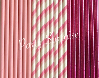 Pink Straws Solid Stripes Foil Baby Pink Hot Pink Metallic Straws Girl Party Bridal Shower Sweet 16 Birthday Party Baby Shower Barbie Party