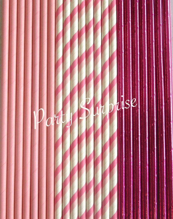 Pink Straws Solid Stripes Foil Baby Pink Hot Pink Metallic Straws Girl Party Bridal Shower Sweet 16 Birthday Party Baby Shower Barbie Party Il_570xn