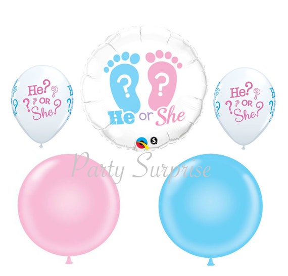 Gender Reveal Balloons He or She Mylar and Latex Baby Pink Baby Blue Boy or Girl Baby Shower Footprints Balloons Il_570xn