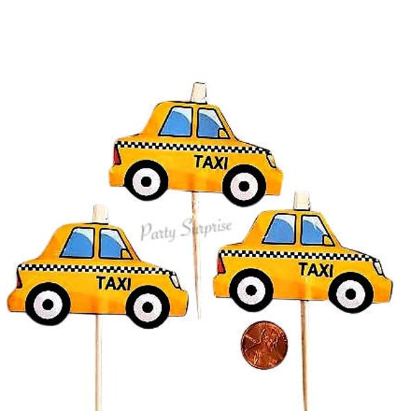 Taxi Cab Cupcake Cake Toppers Banner Yellow Taxi NYC Party Custom Made for You, Toppers Bon Voyage Party Made in USA
