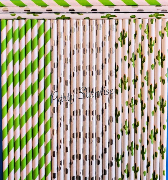 Cactus Lime Straws Fiesta Straws Tropical Party Paper Straws Lime Stripe Straws Silver Foil Straws Summer Party Straws Il_570xn