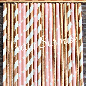 Rose Gold Straws Light Pink Straw Mix Foil Rose Gold and Pink Straws Baby Shower Bridal Shower Wedding Birdhay Party Paper Straws