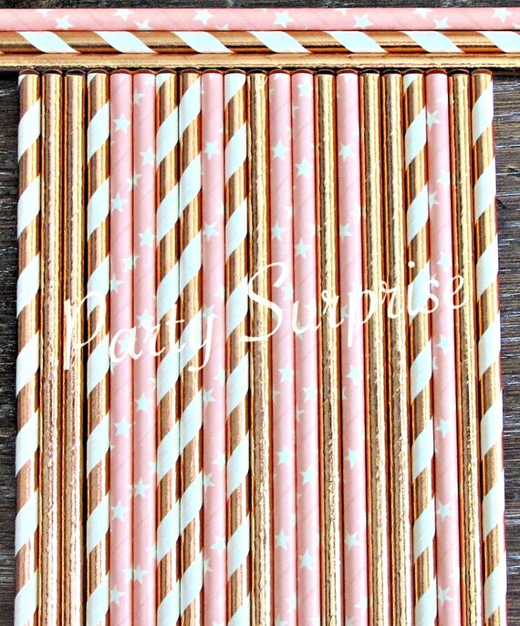 Rose Gold Straws Light Pink Straw Mix Foil Rose Gold and Pink Straws Baby Shower Bridal Shower Wedding Birdhay Party Paper Straws Il_570xn