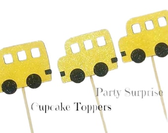 Glitter School Bus Cupcake Toppers, Back to School Party Decorations
