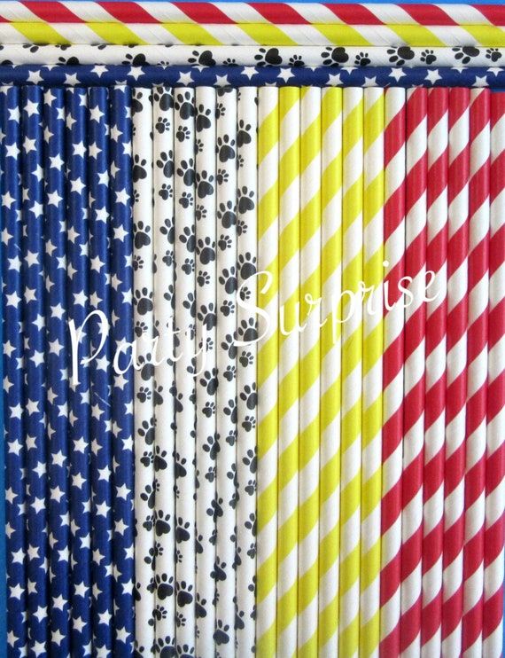Paw Patrol Party Straws Paw Print Party Red Blue White Red Straws