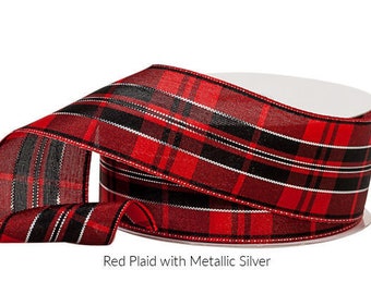 Red Ribbon Red and Metallic Silver Plaid Wired Ribbon Christmas Ribbon Red Gift Wrap Ribbon Red and Silver Ribbon