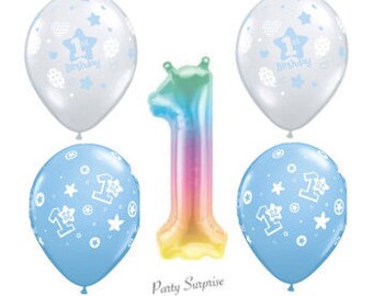 1st Birthday Boy Balloons Baby Boy 1st Birthday latex Balloons Blue and Clear, Jelli Number 1 Balloon Made in USA