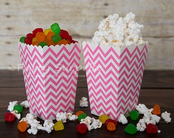 Pink Popcorn Boxes, Pink Mini Popcorn Box Pink Wedding Favor Box Girl Baby Shower Girls Birthday Party Chevron Stripes Dots Movie Night