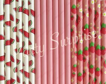 Watermelon Strawberry Straws Strawbery Shortcake Party Decoration Pool Party, Summer Party Straws Tropical Birthday Luau Party Fruit Straws