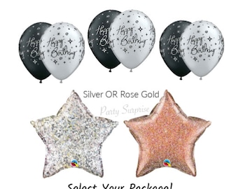 Happy Birthday Balloons Black Silver Script, Silver or Rose Gold 20" Star Select your Pkg women birthday men Adult Birthday Balloons  USA