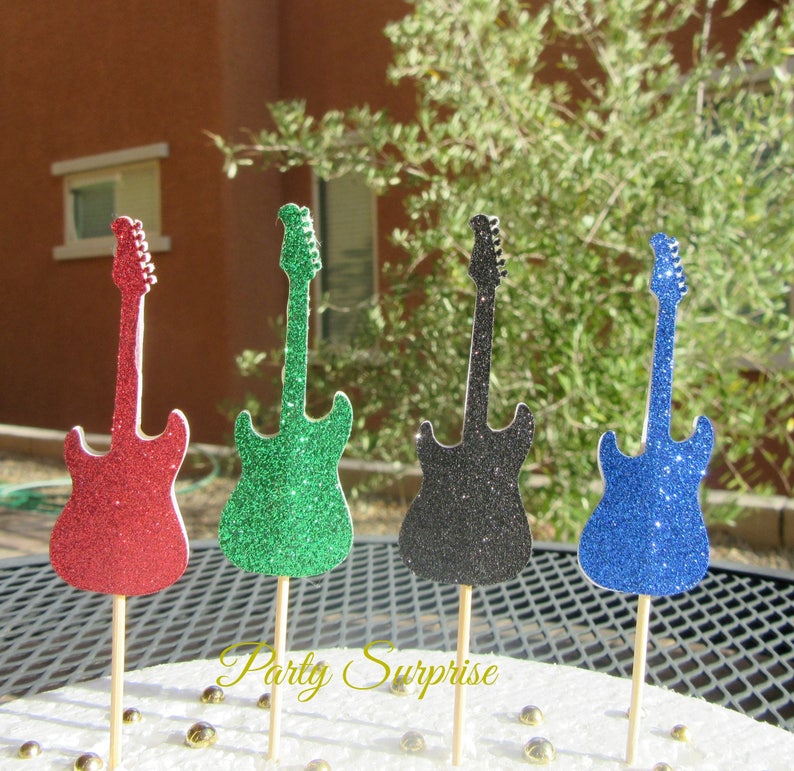 16 PCS Guitar Theme Cupcake Toppers - Rock Music Cake Decorations For Birthday & Parties