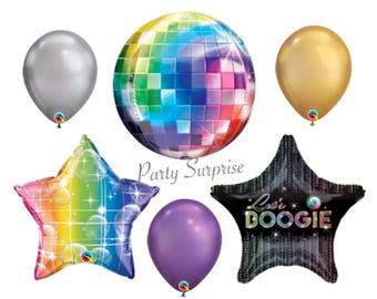 Disco Ball Balloon Package Lets Boogie Mylar Latex, Select Your Package, Orbz Chrome Purple Gold Silver Dance Retro Party, Made in USA