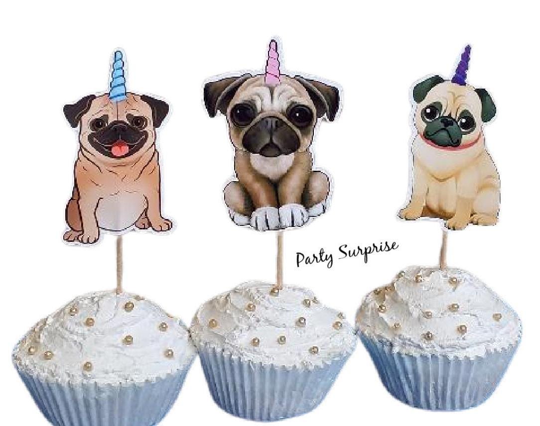Pugicorn Cupcake Toppers Banner Dog Party Custom Hand Made Pug Party Cake Cupcake Paw Print Party Decor Dog Birthday Party Puppy Party