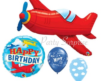 Vintage Airplane Birthday Balloon Package Vintage Style Plane Happy Birthday Clouds Red Airplane Jumbo  Made in USA