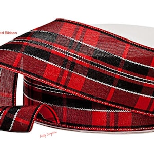 Red Ribbon Red and Metallic Silver Plaid Wired Ribbon Christmas Ribbon Red Gift Wrap Ribbon Red and Silver Ribbon
