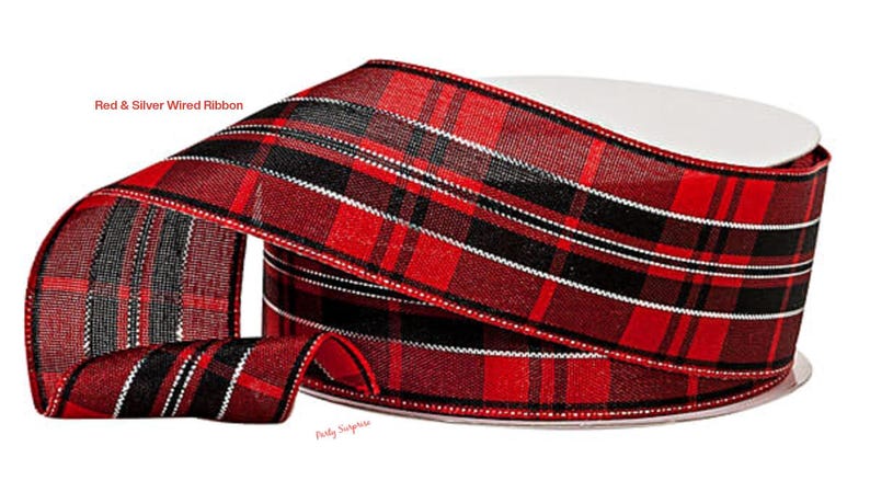 Red Ribbon Red and Metallic Silver Plaid Wired Ribbon Christmas Ribbon ...