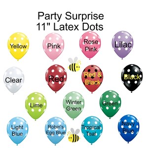 May include: Assortment of 11 inch latex balloons with polka dots in various colors, including yellow, pink, rose pink, lilac, clear, red, red and black, black, lime, winter green, green, light blue, robin's egg blue, tropical teal, and navy blue. The balloons are arranged in a circle with a bee illustration in the center.