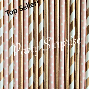Rose Gold and Blush Straws Foil Straws, Stir Sticks, Striped Metallic Straws Paper Straws Wedding Birthday Party Bridal Shower Straws