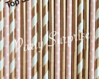 May include: A bundle of pink and white striped and polka dot paper straws with gold foil accents. The straws are labeled "Top Seller! Party Surprise".