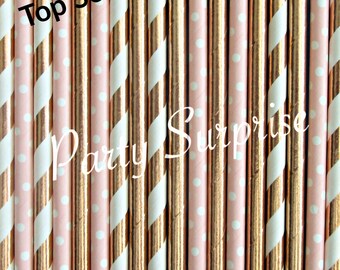 Rose Gold and Blush Straws Foil Straws, Stir Sticks, Striped Metallic Straws Paper Straws Wedding Birthday Party Bridal Shower Straws