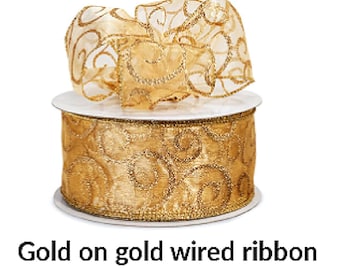 Gold Glitter Swirl Wired Ribbon - Red Christmas Gift Wrap
