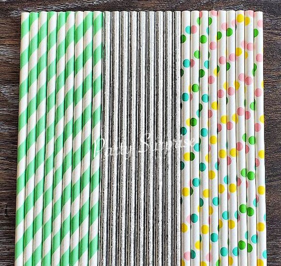Mint Straws Silver Foil Straws Pastel Polka Dots Straws Mint and Silver Paper Straws Weddings Birthday Sweet 16 Party Adult Party Straws Il_570xn