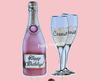 Pink Champagne Bottle Cheers Flutes Cake Topper Cupcake Toppers Banners Wedding Bridal Shower Engagement Party Personalize Custom Made