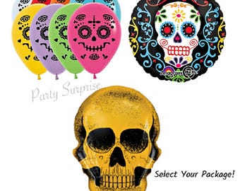 Sugar Skull Balloon Package: Gold Skull, Latex, Mylar Foil, Halloween Party