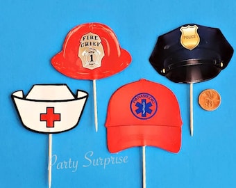 1st Responder Cupcake Toppers Police Firefighter Nurse Paramedic Hat Cupcake Toppers Personalize