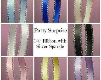 Ribbon 1/4" Pink Ivory White Black Blue Yellow Lavender ribbon with Silver trim Wedding Baby Shower Gift hair ribbon