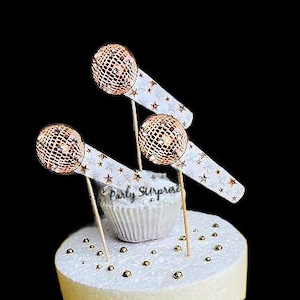 Microphone Cupcake Music Toppers Personalize Dance Kareoke Birthday Party Show BroadwayToppers Custom HandMade Gold Microphone Decor