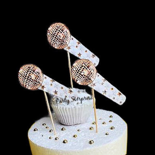 Microphone Cupcake Music Toppers Personalize Dance Kareoke Birthday Party Show BroadwayToppers Custom HandMade Gold Microphone Decor