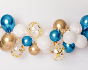 Blue Gold White Clear Balloon Garland DIY with Confetti Chrome Blue Gold Balloons Baby Boy Shower Boy 1st Birthday Bar Mitzvah Made in USA