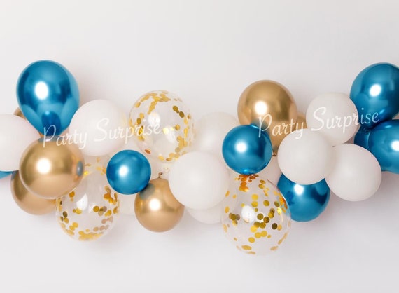 Blue Gold White Clear Balloon Garland DIY with Confetti Chrome Blue Gold Balloons Baby Boy Shower Boy 1st Birthday Bar Mitzvah Made in USA Il_570xn