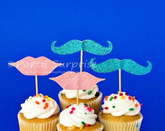 Mustache Lips Cupcake Toppers Gender Reveal Baby Shower Glitter Moustache Lips Pink and Blue Cupcake Toppers Baby Girl Baby Boy