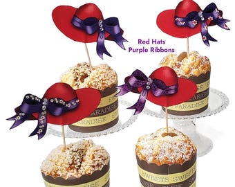 Red Hat Cupcake Toppers, Purple Ribbon Derby Party Decorations, Hand Made