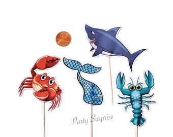 Under the Sea Cupcake Toppers Custom Made for You, Under the Sea Party Lobster Shark Crab Mermail Tail Pool Party Decor