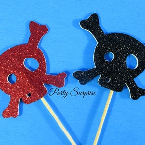 Pirate Cupcake Toppers Halloween Skulls and Crossbones Red and Black Glitter Cupcake Cake Topper Halloween Party Trick or Treat Pirate Party