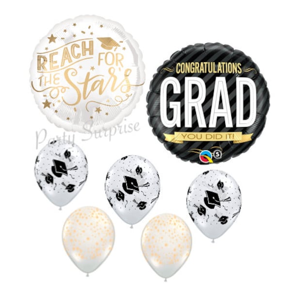 Graduation Balloon Package Graduation Caps Stars Black and Gold High School College Graduation Party Balloons Made in USA